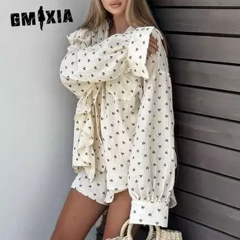 GMXIA Женский комплект из шорт с принтом в виде сердца, лоскутное шитье, отделка из дерева, рубашка с длинным рукавом + комплект из шорт из хлопка S