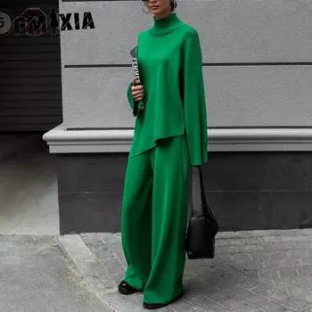 GMXIA Женский комплект из полуводолазки, свитера с неровным скошенным краем + трикотажные брюки, комплект из двух предметов S бежевый