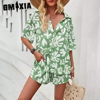 GMXIA Женский костюм с принтом, женский повседневный комплект из двух предметов на весну и лето, женские шорты S чёрный