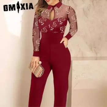 GMXIA Женский кружевной комбинезон с длинными рукавами цвета бронзы S бордовый