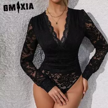 GMXIA Женский кружевной сексуальный черный комбинезон с длинными рукавами S чёрный