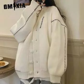 GMXIA Женский ленивый стиль свитер кардиган куртка свободная верхняя одежда Дизайн Ниша Осенние и зимние топы Трикотаж One size белый