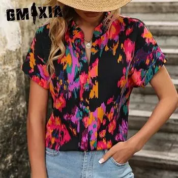 GMXIA Женский летний модный топ с цветочным принтом и V-образным вырезом, короткими рукавами S красный