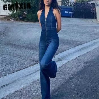GMXIA Женский летний облегающий джинсовый комбинезон в уличном стиле в стиле ретро с высокой талией S синий