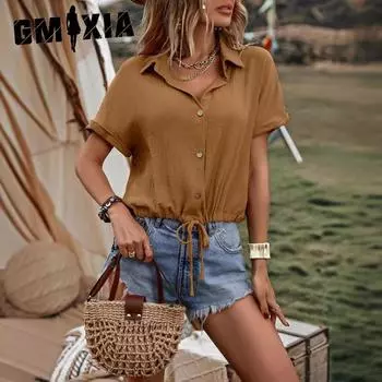 GMXIA Женский летний однотонный кардиган на пуговицах с блузкой-рубашкой с коротким рукавом S чёрный