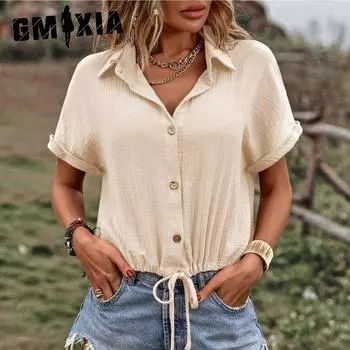 GMXIA Женский летний однотонный кардиган на пуговицах с блузкой-рубашкой с коротким рукавом S чёрный