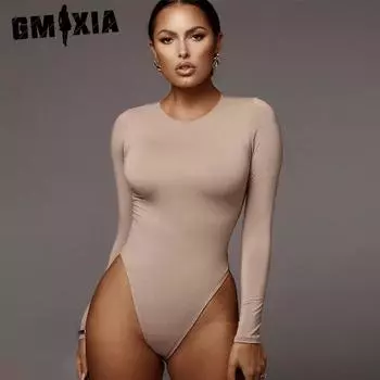 GMXIA Женский летний однотонный облегающий комбинезон с круглым вырезом и длинными рукавами S абрикосовый