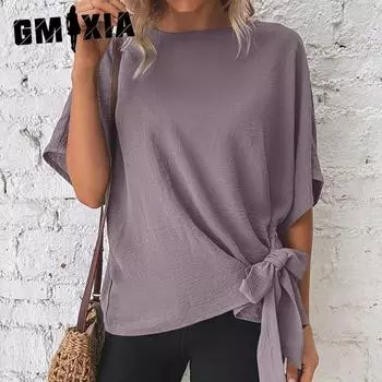 GMXIA Женский летний однотонный свободный топ с рукавами «летучая мышь» и узлом на подоле S чёрный