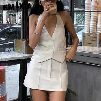 GMXIA Женский летний сексуальный маленький костюм с поддельными карманами и жилетом-халтером, модный костюм с юбкой А-силуэта для женщин S абрикосовый