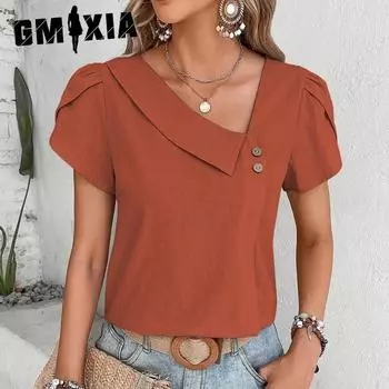 GMXIA Женский летний топ из хлопка с небольшим диагональным воротником, однотонный, стираный S чёрный