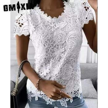 GMXIA Женский топ с короткими рукавами и круглым вырезом, однотонный, с принтом и кружевом, лето-весна S белый