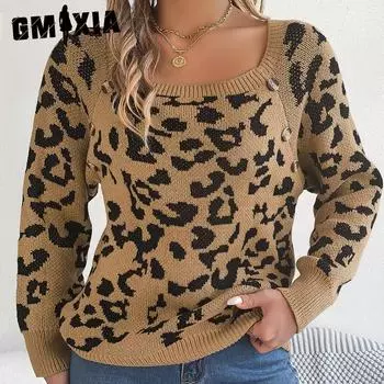 GMXIA женский модный повседневный леопардовый принт осень-зима с длинным рукавом квадратный воротник свободный цвет контрастный свитер S хаки