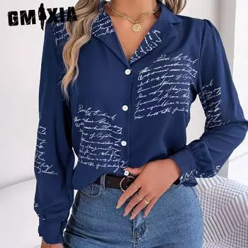GMXIA женский модный повседневный летний костюм, блузки с воротником и длинными рукавами и рубашки с алфавитом S белый