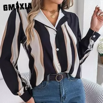 GMXIA Женский модный повседневный летний костюм с длинными рукавами, блузки с воротником и рубашки всех видов контрастных цветов и полосок S чёрный