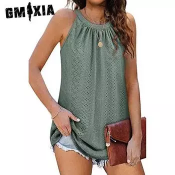 GMXIA женский модный повседневный летний однотонный принт с отверстиями, свободный жилет без рукавов с круглым вырезом S белый