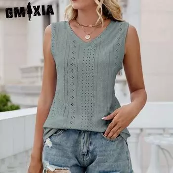 GMXIA женский модный повседневный летний однотонный принт с отверстиями, свободный жилет без рукавов с v-образным вырезом S фиолетовый