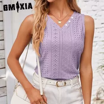 GMXIA женский модный повседневный летний однотонный свободный жилет без рукавов с v-образным вырезом и принтом S синий