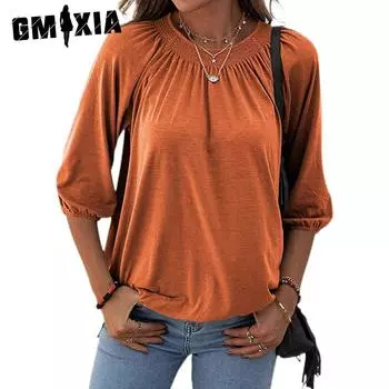 GMXIA Женский модный повседневный летний темпераментный пуловер, однотонный принт, рукава 3/4, свободные блузки и рубашки с круглым вырезом