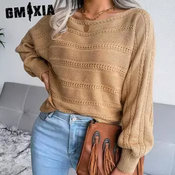 GMXIA женский модный повседневный однотонный осенне-зимний свободный вязаный свитер с длинным рукавом на одно плечо с вырезом и открытыми плечами S хаки