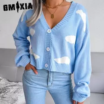 GMXIA Женский модный повседневный однотонный осенне-зимний свободный кардиган с длинными рукавами и v-образным вырезом, белый вязаный кардиган с облаком S розовый