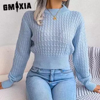 GMXIA женский модный повседневный однотонный осенне-зимний тонкий вязаный свитер с длинными рукавами и круглым вырезом в уличном стиле