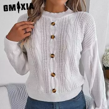 GMXIA женский модный повседневный однотонный осенне-зимний пуловер с длинными рукавами и круглым вырезом, свободный пуловер на пуговицах, свитер S белый