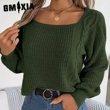 GMXIA Женский модный повседневный однотонный осенне-зимний свободный вязаный пуловер с квадратным воротником и длинными рукавами, свитер с закрученными рукавами-фонариками S темно-коричневого