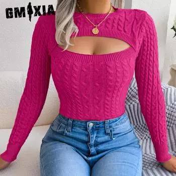 GMXIA женский модный повседневный однотонный осенне-зимний тонкий стильный свитер с длинными рукавами и круглым вырезом S фиолетовый