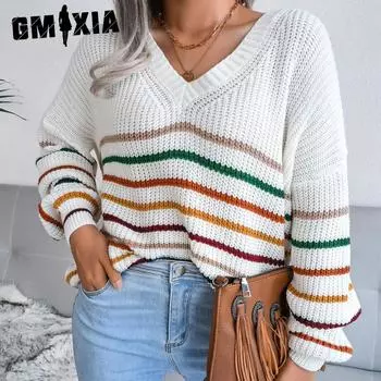 GMXIA Женский модный повседневный осенне-зимний свободный свитер с v-образным вырезом и длинными рукавами в радужную полоску S белый