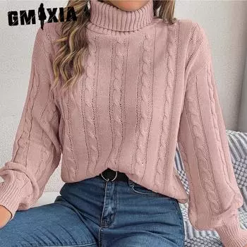 GMXIA Женский модный повседневный осенне-зимний свободный свитер с длинным рукавом и высоким воротом S розовый