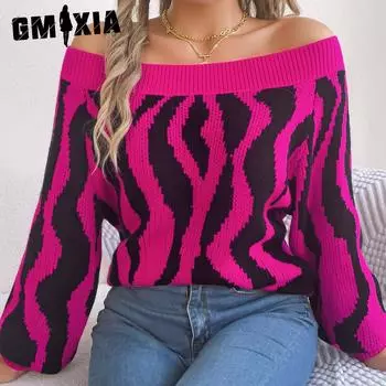 GMXIA женский модный повседневный осенне-зимний свободный свитер на одно плечо с длинными рукавами и открытыми плечами контрастных цветов S хаки