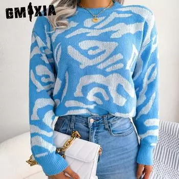 GMXIA Женская мода Повседневный Осень Зима Длинный рукав Круглый вырез Свободный цветочный вязаный базовый свитер S синий