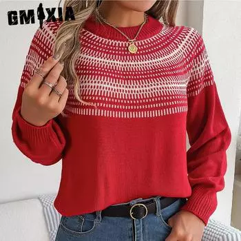 GMXIA женский модный повседневный полосатый принт осень-зима с длинными рукавами и круглым вырезом свободный винтажный пуловер в стиле поп-свитер S красный