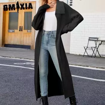 GMXIA Женский однотонный принт длинный свитер вязаный кардиган свободный и ленивый осень-зима длинный рукав поло воротник куртки и пальто S белый