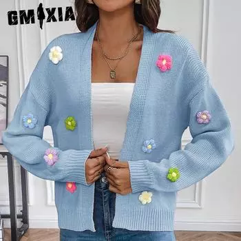 GMXIA Женский однотонный принт осень-зима ручной работы цветочный милый вязаный кардиган свитер длинный рукав V-образный вырез куртки и пальто S белый