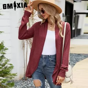 GMXIA Женский однотонный принт средней длины свитер пальто темперамент свободная вязка осень зима длинный рукав V-образный вырез куртки и пальто S серый