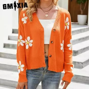 GMXIA Женский однотонный принтовый вязаный кардиган пальто свободный свитер кардиган осень-зима длинный рукав V-образный вырез куртки и пальто S серый