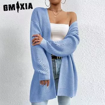 GMXIA Женский однотонный свободный свитер средней длины, пальто, вязаный свитер с цветным принтом, осень-зима, длинные рукава, V-образный вырез, куртки и пальто S абрикосовый