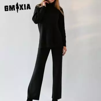 GMXIA Женский однотонный трикотажный свитер с высоким воротом и разрезом, модный повседневный свитер с напуском на осень и зиму S зелёный