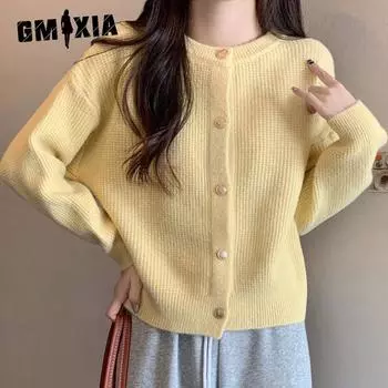 GMXIA Женский осенне-зимний кардиган O-knit Design Sense of Fresh and Sweet с длинными рукавами, джемпер, топ, куртка One size розовый