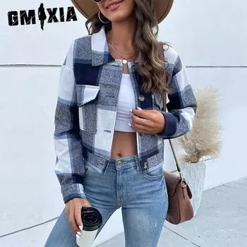 GMXIA Женский осенне-зимний короткий клетчатый кардиган с винтажными лацканами для женщин S хаки