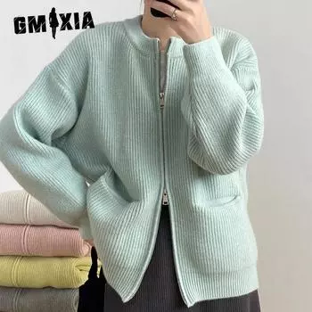 GMXIA Женский осенне-зимний ретро-кардиган однотонного кроя с эффектом ленивого ветра, с двойной молнией, мягкий джемпер в полоску One size лимонно-желтый