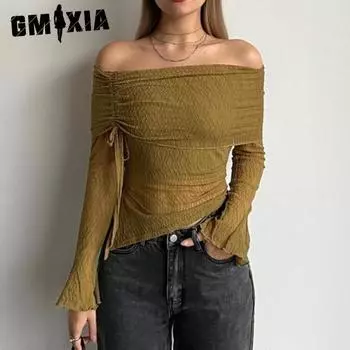 GMXIA Женский осенний чистый сексуальный свитер Spice Girl без бретелек с длинными рукавами S армия зеленый