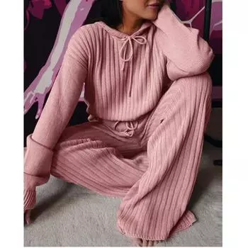 GMXIA Женский осенний однотонный свободный повседневный костюм в полоску с длинными рукавами и капюшоном S розовый