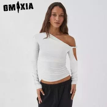 GMXIA Женский осенний однотонный топ с одним плечом, диагональным воротником, асимметричным складным сексуальным длинным рукавом для женщин S белый