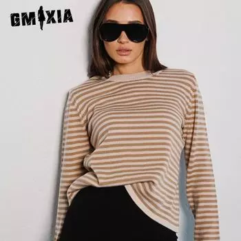 GMXIA Женский полосатый свитер, осенний модный тренд, контрастные цвета, круглый вырез, трикотажный полосатый свитер S синий