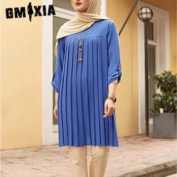 GMXIA Женский повседневный плиссированный свободный топ с длинными рукавами и круглым вырезом большого размера S зелёный