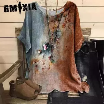 GMXIA Женский повседневный свободный модный топ с коротким рукавом и круглым вырезом с принтом S