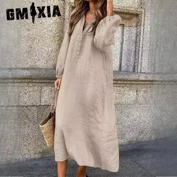 GMXIA Женский пуловер Literary Vintage из хлопка и льна, большой свободный крой платья S бордовый