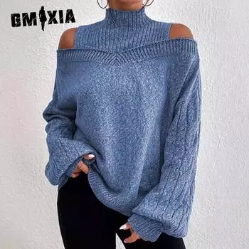 GMXIA Женский свитер без бретелек Premium Feeling, пуловер, осенне-зимний свободный трикотажный свитер с полувысоким воротом и рукавами-фонариками S серый